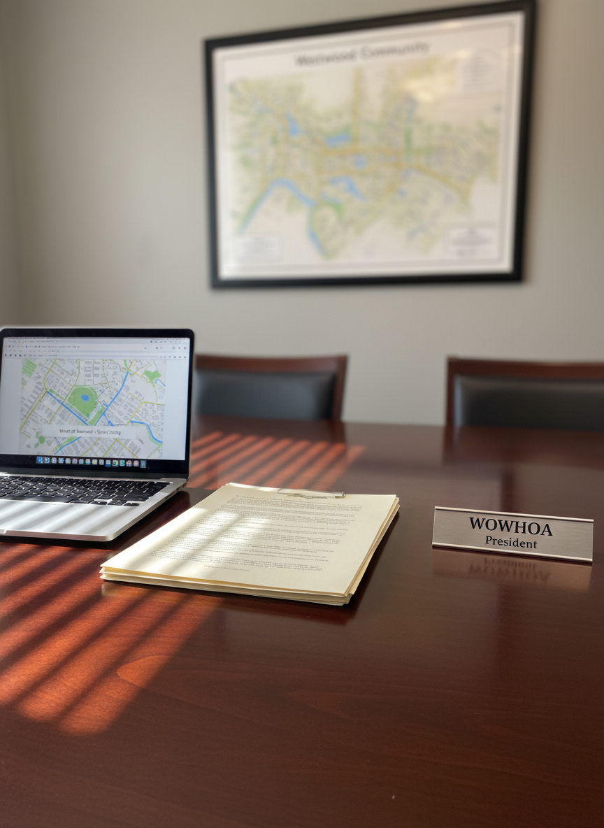 A detailed close-up of a polished wooden HOA meeting table set inside a bright, modern community room. On the table rest neatly stacked neighborhood planning documents, a slim silver laptop displaying a simple map of the West of Westwood area, and a small, engraved metal nameplate reading “WOWHOA”. Behind, a large framed map of the neighborhood hangs on a soft gray wall, partially blurred. Diffused daylight enters from an unseen window, creating soft reflections on the smooth table surface and laptop casing. The atmosphere is professional, organized, and focused, with a minimalist, corporate aesthetic. Photographic realism, shallow depth of field that keeps the tabletop objects in crisp focus while the background gently fades, emphasizing structured community governance and thoughtful planning.