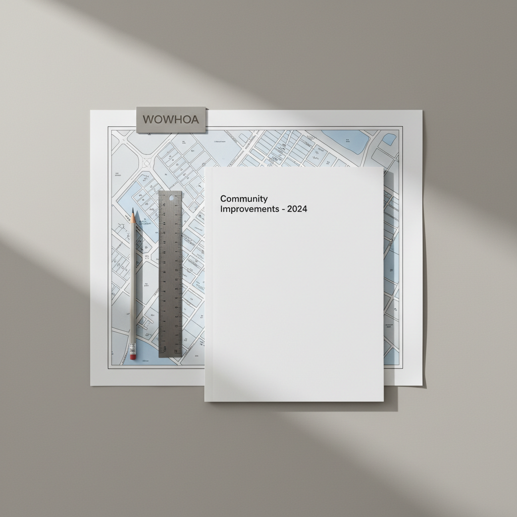 A meticulously composed overhead view of a neutral-toned desk workspace representing WOWHOA administration. On a smooth, light gray desk surface lie a printed neighborhood map with clearly marked property boundaries, a slim graphite pencil, a stainless-steel ruler, and a minimalist white folder labeled “Community Improvements – 2024”. A small, matte-finished metal plaque with the WOWHOA acronym sits near the top edge, slightly angled. Soft, indirect daylight from the left creates faint, precise shadows that echo the clean lines of the objects. The mood is analytical, organized, and professional, suggesting careful planning of neighborhood enhancements. Photographic realism, flat lay composition with sharp focus across the entire frame, and a restrained color palette of grays, whites, and muted blues contributes to a modern, structured, corporate aesthetic.