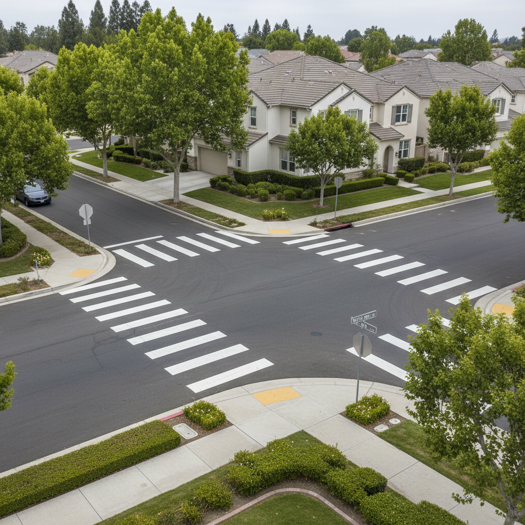 An elevated, wide-angle photographic view of a well-kept Westwood neighborhood intersection, showing clearly painted crosswalks, tidy curbside landscaping, and a discreet metal street sign with “West of Westwood” subtly readable. Low, uniform hedges border the sidewalks, and a few mature trees add texture without overwhelming the scene. The lighting is bright but slightly overcast, producing soft, shadow-free illumination that highlights the clean lines of the streetscape and consistent home facades in neutral beige and off-white tones. The composition follows a structured grid, with roads and sidewalks creating balanced geometry. The mood is orderly, safe, and community-oriented, reflecting the HOA’s role in preserving neighborhood quality and infrastructure. Photographic realism with high clarity from foreground asphalt to background homes.