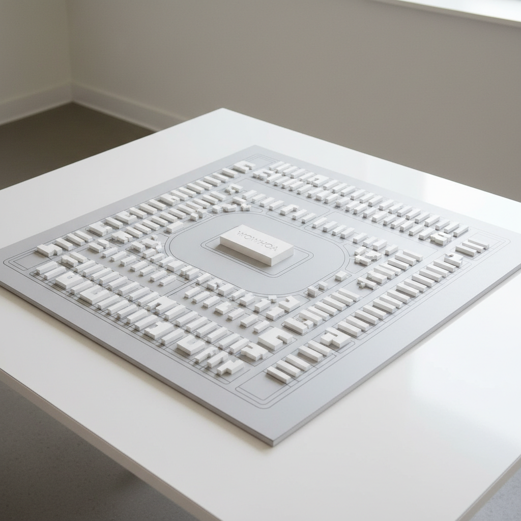 A minimalist, bird’s-eye view of a neighborhood layout model representing the West of Westwood area, constructed from small, white rectangular blocks for homes arranged on a pale gray board. Thin, darker gray lines indicate streets and property boundaries, with a slightly larger central rectangle labeled discreetly as “WOWHOA” to suggest a focal community area. The model sits on a sleek white table in an otherwise empty, neutral-toned room. Even, diffused studio lighting ensures there are no harsh shadows, only subtle shading along the edges of the blocks that enhances spatial clarity. The atmosphere is analytical, forward-looking, and highly organized. Photographic realism with crisp focus and a clean, corporate aesthetic underlines strategic planning and cohesive neighborhood design consistent with a professional homeowners association.
