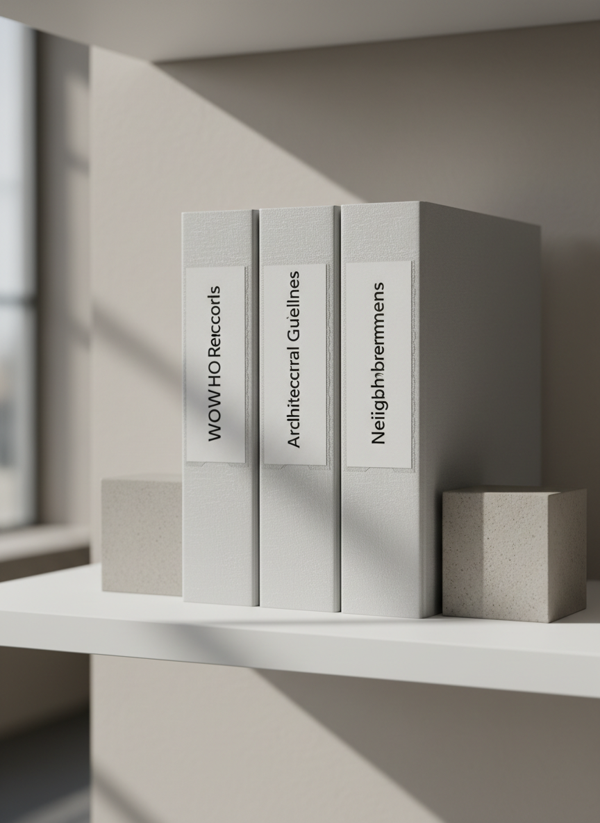 A carefully arranged set of three architectural-style binders standing upright on a minimalist white shelf, each labeled on the spine with clean black text: “WOWHOA Records,” “Architectural Guidelines,” and “Neighborhood Improvements.” The binders are matte light gray with subtle texture, flanked by two simple, square concrete bookends that add visual weight. Behind them, a soft-focus background of a neutral-toned office wall keeps attention on the binders. Indirect daylight from a nearby window casts gentle, vertical shadows, reinforcing the sense of order and longevity. The mood is professional, methodical, and trustworthy, hinting at 39 years of organized documentation. Photographic realism, close-up eye-level composition, and a restrained, corporate aesthetic convey stability and meticulous governance without visual clutter or distraction.